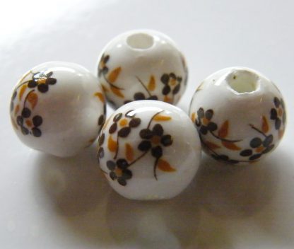 10mm white brown oriental flower porcelain bead