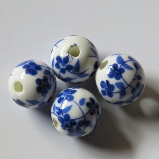10mm white dark blue oriental flower porcelain bead