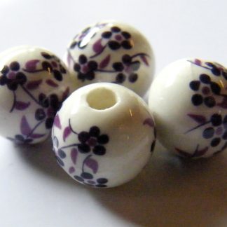 10mm white dark purple oriental flower porcelain bead