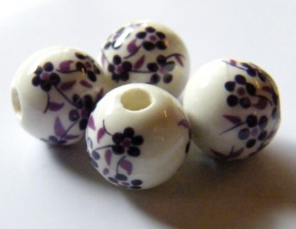 10mm white dark purple oriental flower porcelain bead