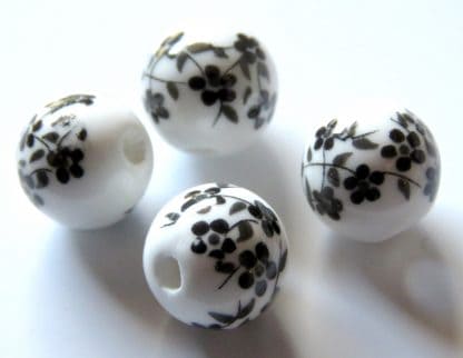 10mm white black oriental flower porcelain bead