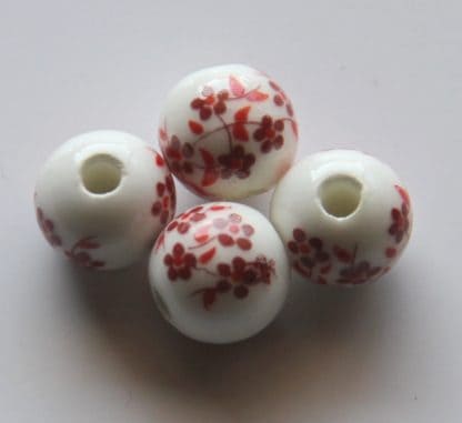 10mm white blood red oriental flower porcelain bead