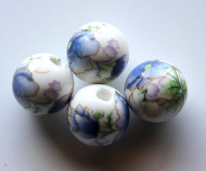 10mm white blue peony flower porcelain bead