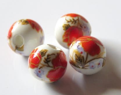 10mm white bright red flower porcelain bead