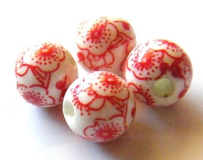 10mm white bright red cherry blossom porcelain bead