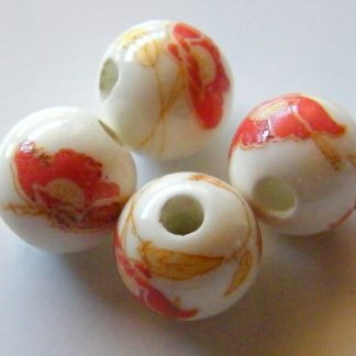 10mm white bright red poppy flower porcelain bead