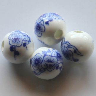 10mm white cobalt blue cherry blossom porcelain bead