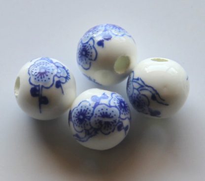 10mm white cobalt blue cherry blossom porcelain bead