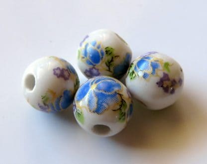 10mm white dark blue flower porcelain bead
