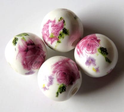 10mm white dark fuchsia pink rose porcelain bead