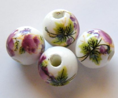 10mm white dark magenta flower porcelain bead