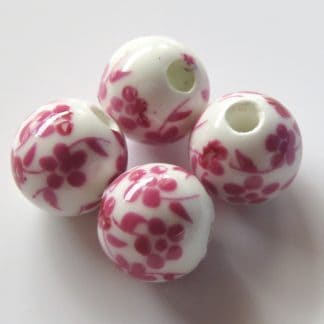 10mm white dark pink oriental flower porcelain bead