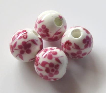 10mm white dark pink oriental flower porcelain bead