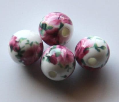 10mm white dark pink roses porcelain bead