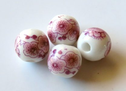 10mm white deep pink cherry blossom porcelain bead