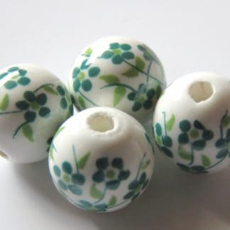 10mm white green oriental flower porcelain bead