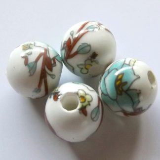 10mm white pale turquoise flower brown branch porcelain bead