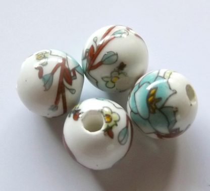 10mm white pale turquoise flower brown branch porcelain bead