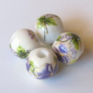 10mm white purple flower porcelain bead