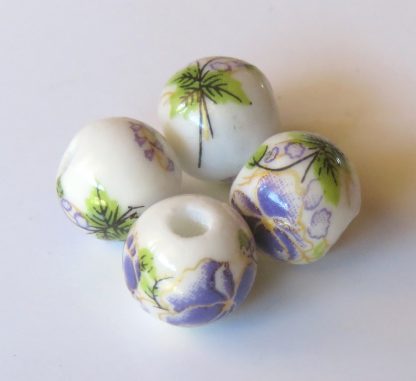 10mm white purple flower porcelain bead