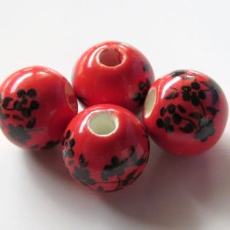 10mm red black oriental flower porcelain bead