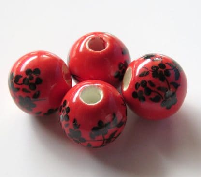10mm red black oriental flower porcelain bead