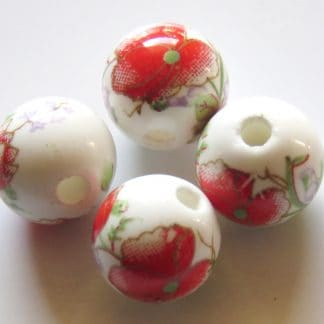 10mm white red peony flower porcelain bead