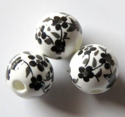 12mm white black oriental flower porcelain bead