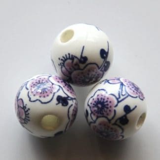 12mm white blue pink cherry blossom porcelain bead