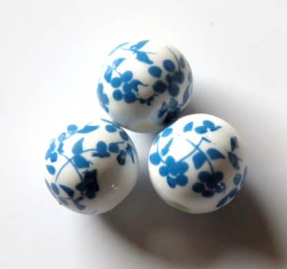 12mm white bright blue oriental flower porcelain bead