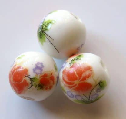 12mm white bright orange flower porcelain bead
