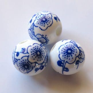 12mm white cobalt blue cherry blossom porcelain bead