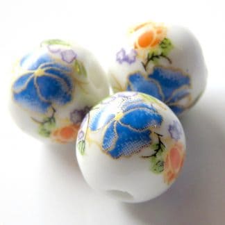 12mm white dark blue flower porcelain bead