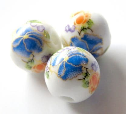 12mm white dark blue flower porcelain bead