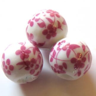 12mm white dark pink oriental flower porcelain bead