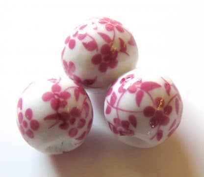 12mm white dark pink oriental flower porcelain bead