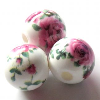 12mm white dark pink roses porcelain bead