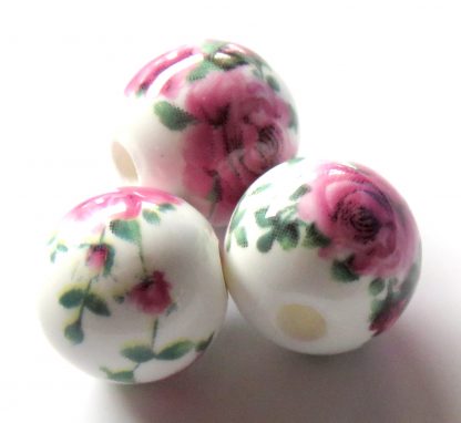 12mm white dark pink roses porcelain bead
