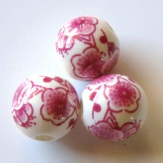 12mm white deep pink cherry blossom porcelain bead