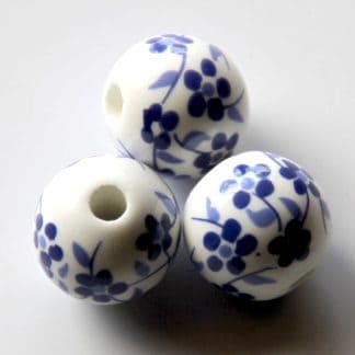 12mm white dark blue oriental flower porcelain bead