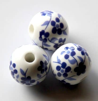 12mm white dark blue oriental flower porcelain bead