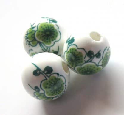 12mm white green cherry blossom porcelain bead