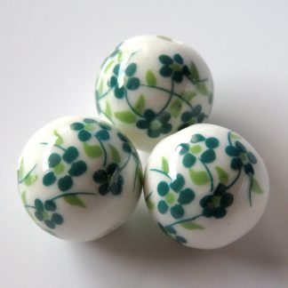 12mm Round Porcelain/Ceramic Beads - White / Green Oriental Flowers