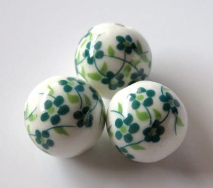 12mm Round Porcelain/Ceramic Beads - White / Green Oriental Flowers