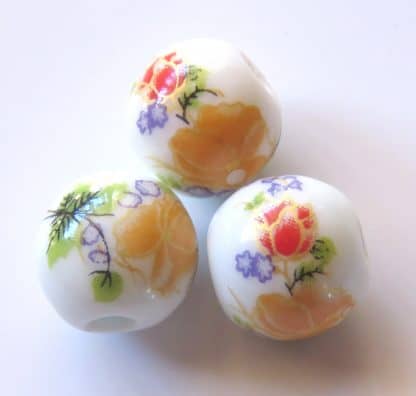 12mm white pale orange flower porcelain bead