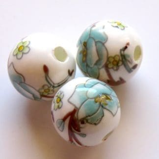 12mm white pale turquoise flower brown branch porcelain bead