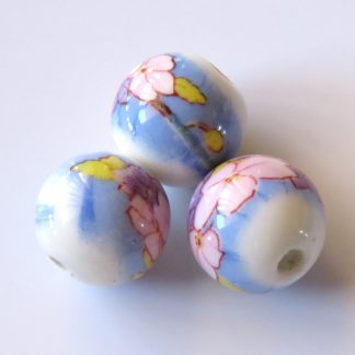 12mm white pink flowers on sky blue porcelain bead