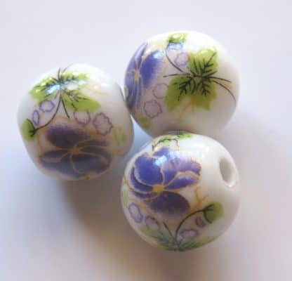 12mm white purple flower porcelain bead