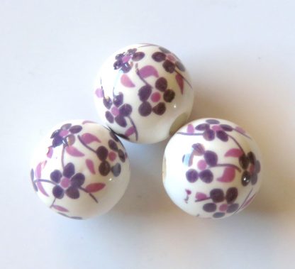12mm white purple oriental flower porcelain bead