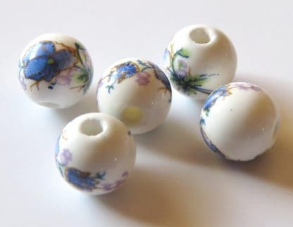 8mm white blue peony flower porcelain bead
